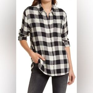 Treasure & Bond Boyfriend Shirt Buffalo Plaid, Black and Ivory, XL
